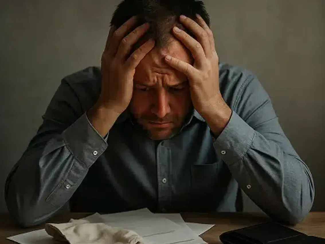 Stressed man holding his head while reading documents